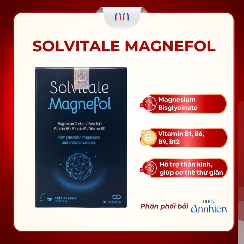 Solvitale Magnefol 30 viên Nhập khẩu Latvia, Magie Bisglycinate Kết hợp Vitamin B1 B6 B9 B12  DP An 