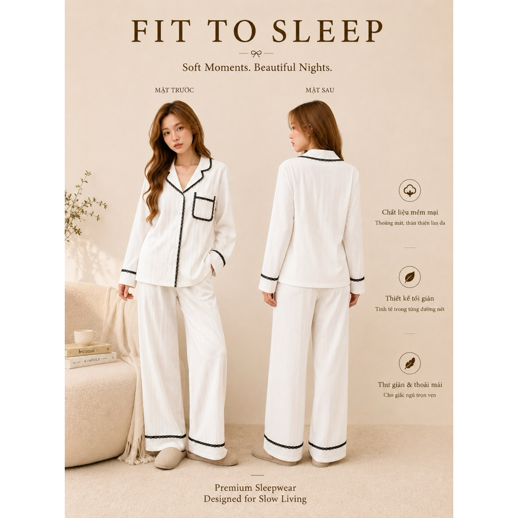 Set Đồ Ngủ Pijamas Dài Tay - Fit to sleep - Mira Pijamas Form Oversize Rộng Rãi Mềm Mại - Màu Trắng 