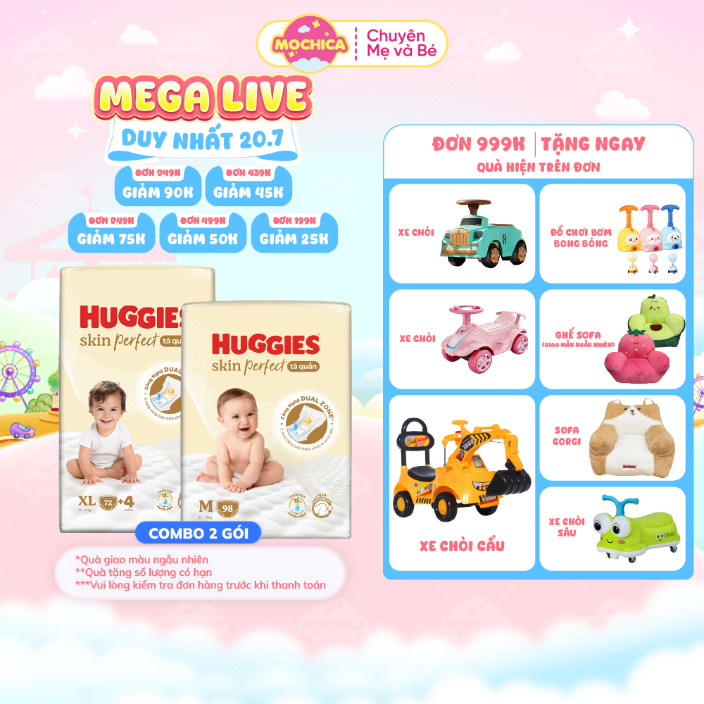 [SVIP] Combo 2 Tã/bỉm dán/quần Huggies Skin Perfect NB76/S80/M76 2 vùng thấm giảm kích ứng_Mochica