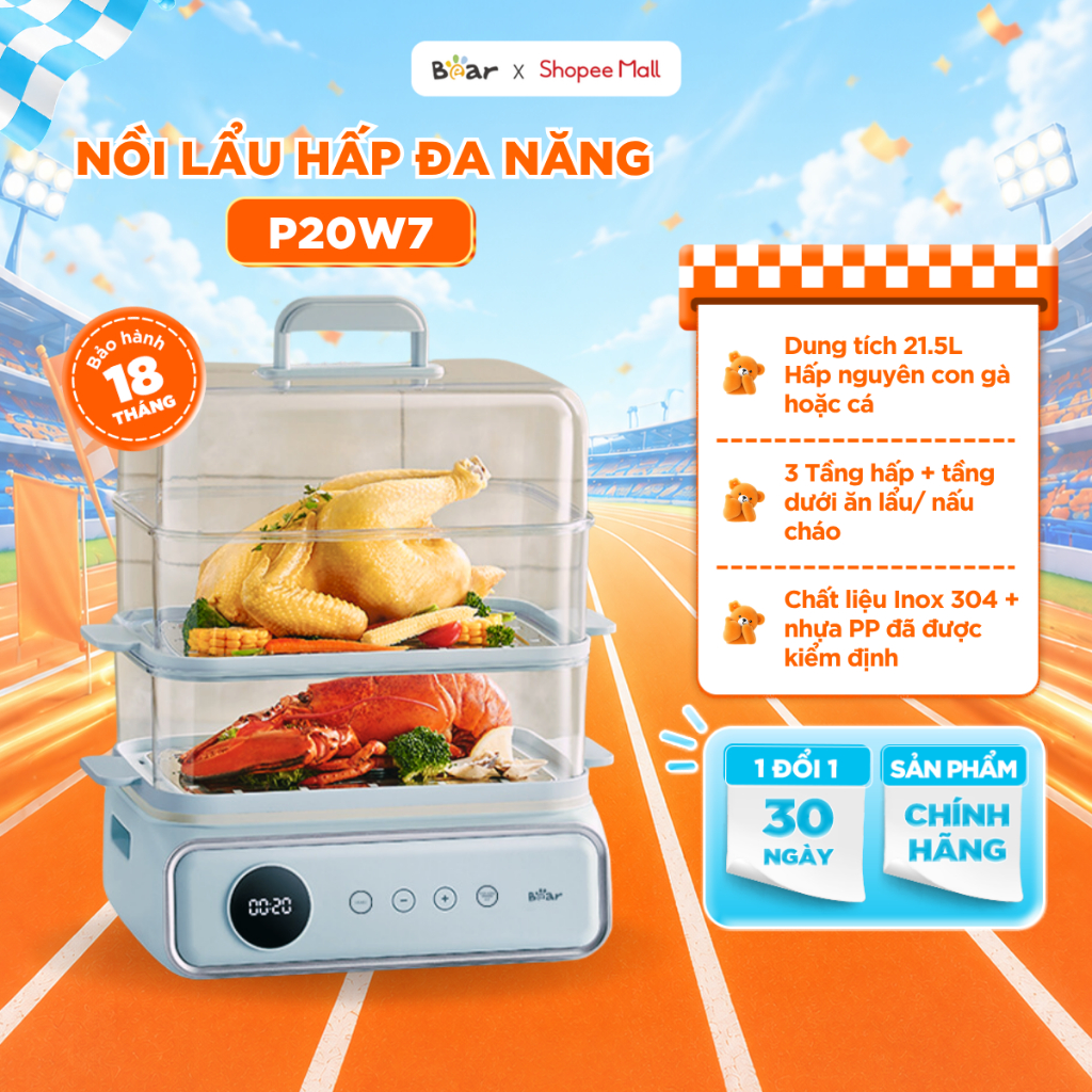 Nồi Hấp 3 Tầng Bear Dung Tích 21.5L Nồi Lẩu Điện Kèm Hấp DZG-P20W7