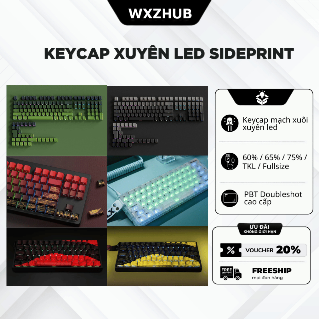 Keycap Xuyên LED Gradient PBT Cao Cấp, KeyCap PBT Double Shot Mạch Xuôi Led Đẹp