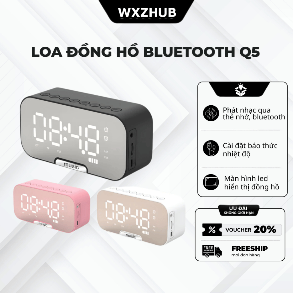 Loa Bluetooth Mini Q5 Kèm Đồng Hồ, Loa Bluetooth Bass Mạnh, Màn Hình LED Số