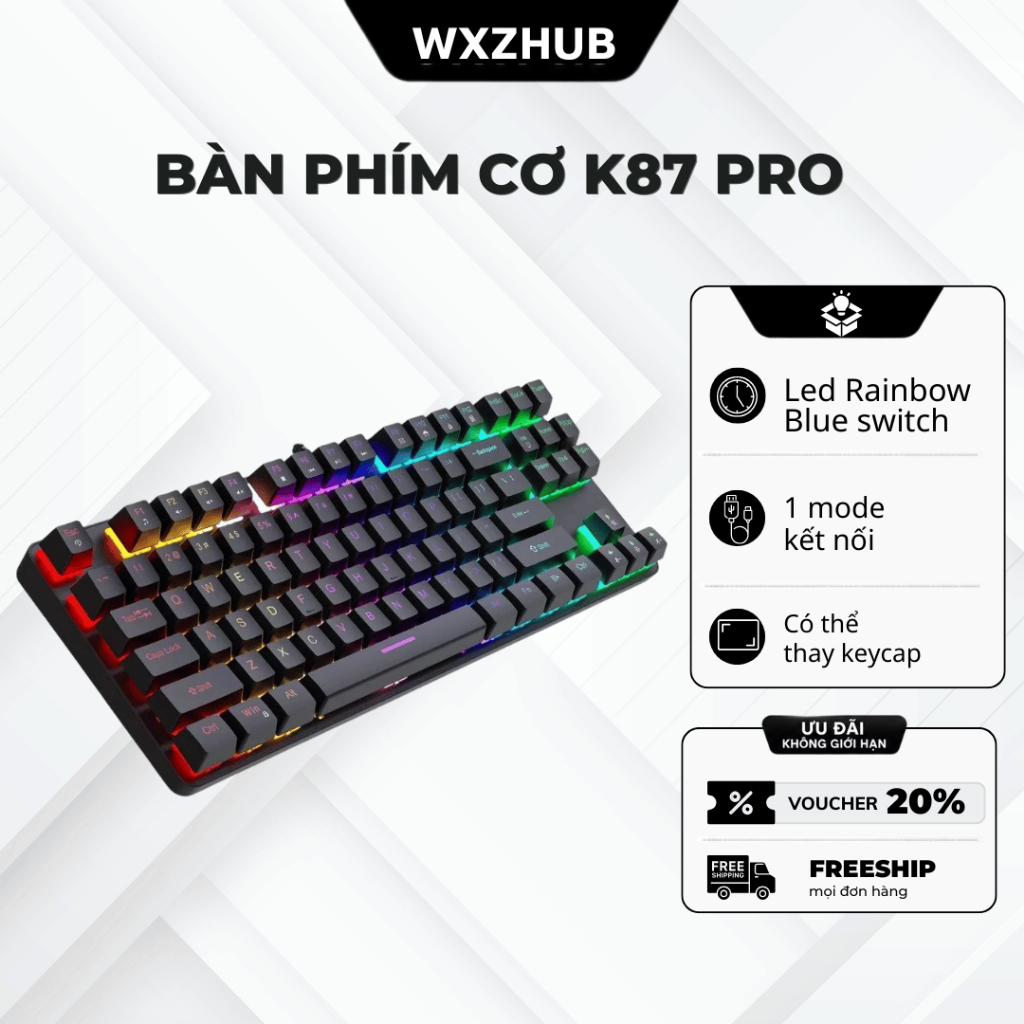 Bàn Phím Cơ K87 Pro LED RGB 16 Chế Độ, Blue Switch Êm Tay, Keycap ABS Xuyên Đèn, Chống Nước