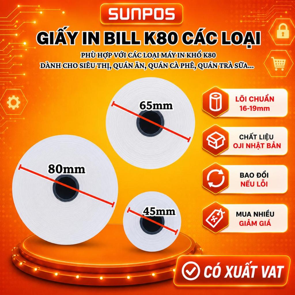 Thùng Giấy in hóa đơn K80, 80x80, 80x78, 80x65, 80x45 - Giấy in Bill dành cho máy POS, máy in nhiệt