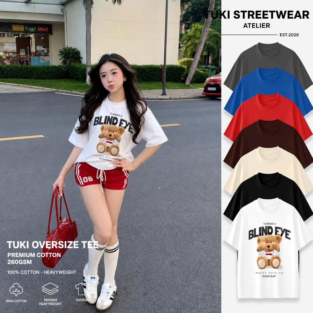 Áo Thun Unisex BEAR BLIND EYE Tee Graphic Oversize Tuki Streetwear 100% Cotton.