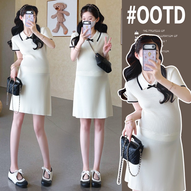 YoungMom | Váy Bầu Tiểu Thư Kem Sang Chảnh DV300 ✨ Đầm Len Cổ Polo Co Giãn Mặc Suốt Thai Kỳ Sau Sinh