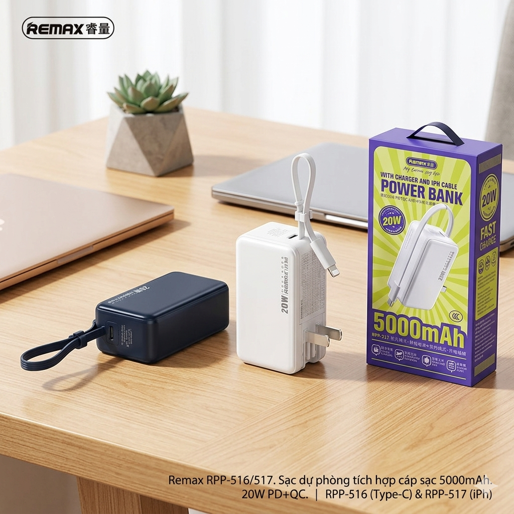 Pin dự phòng REMAX 5000mAh tích hợp củ sạc nhanh 22.5w – liền cáp, chân cắm 220v
