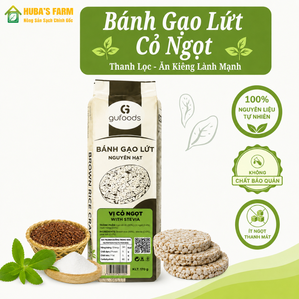 Bánh gạo lứt ăn kiêng GUfoods - Vị cỏ ngọt - Tập gym, giảm cân, thực dưỡng, eat clean