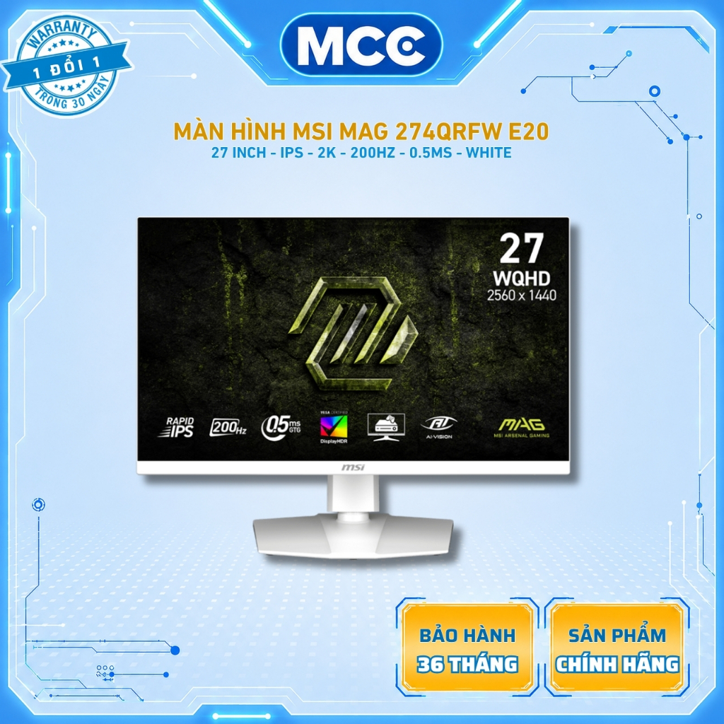 Màn Hình MSI MAG 274QRFW E20 (27 inch - Rapid IPS - 2K - 200Hz - 0.5ms - Trắng)