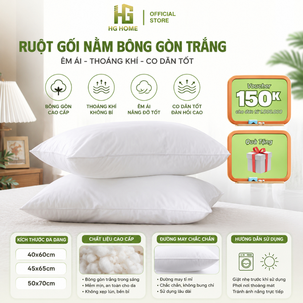 Ruột Gối Nằm Bông Gòn HGHOME Trắng trong sáng co dãn Tốt, Thoáng Khí Êm Ái HGHOME