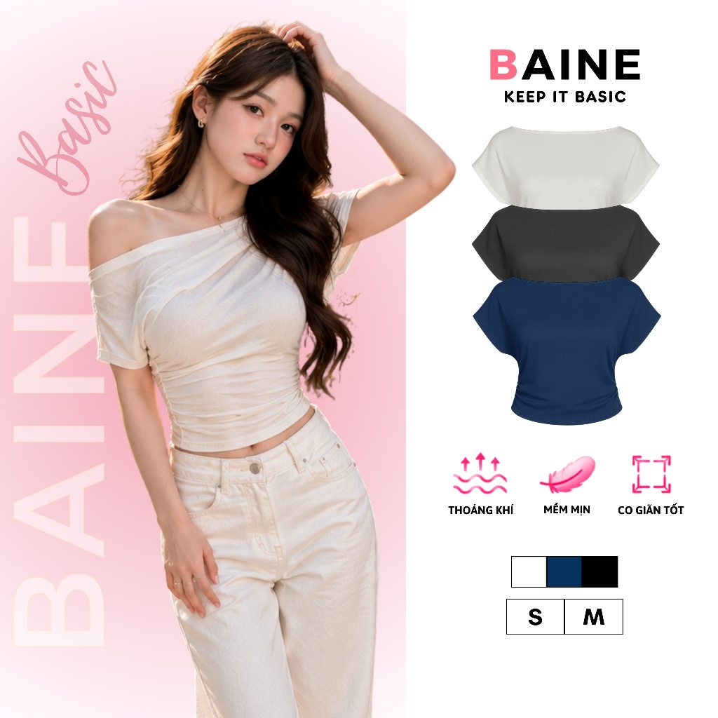 [XẢ HÀNG] Áo Thun Nữ Ôm Body Croptop Tay Ngắn TRỄ VAI CÁNH DƠI Nhún Eo Vạt Tròn Bầu Chất Cotton BM25