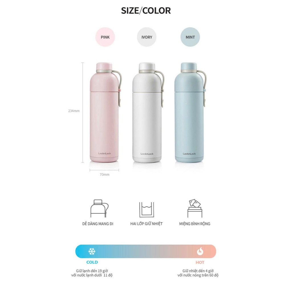 Bình giữ nhiệt LocknLock Belt Bottle LHC4267 490ml 3 Màu có quai xách, thép không rỉ SUS304