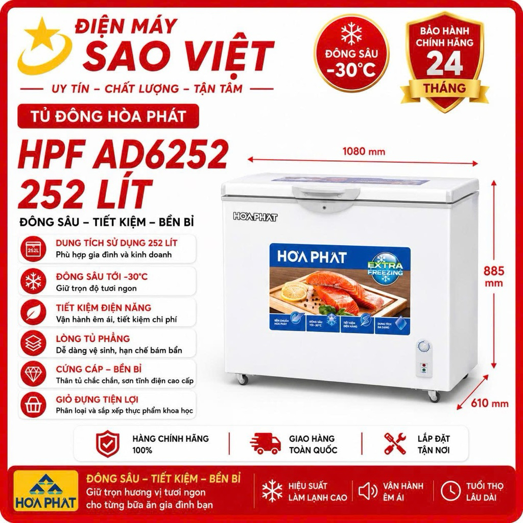 Tủ đông Hòa Phát HPF AD6252 - 252 lít - Hàng chính hãng, bảo hành 24 tháng