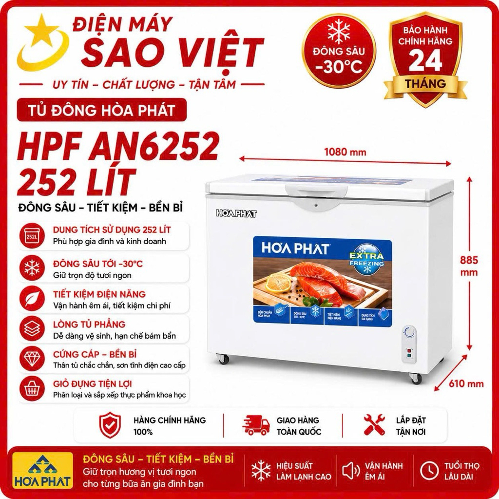 Tủ đông Hòa Phát HPF AN6252 252 lít - Hàng chính hãng, bảo hành 24 tháng