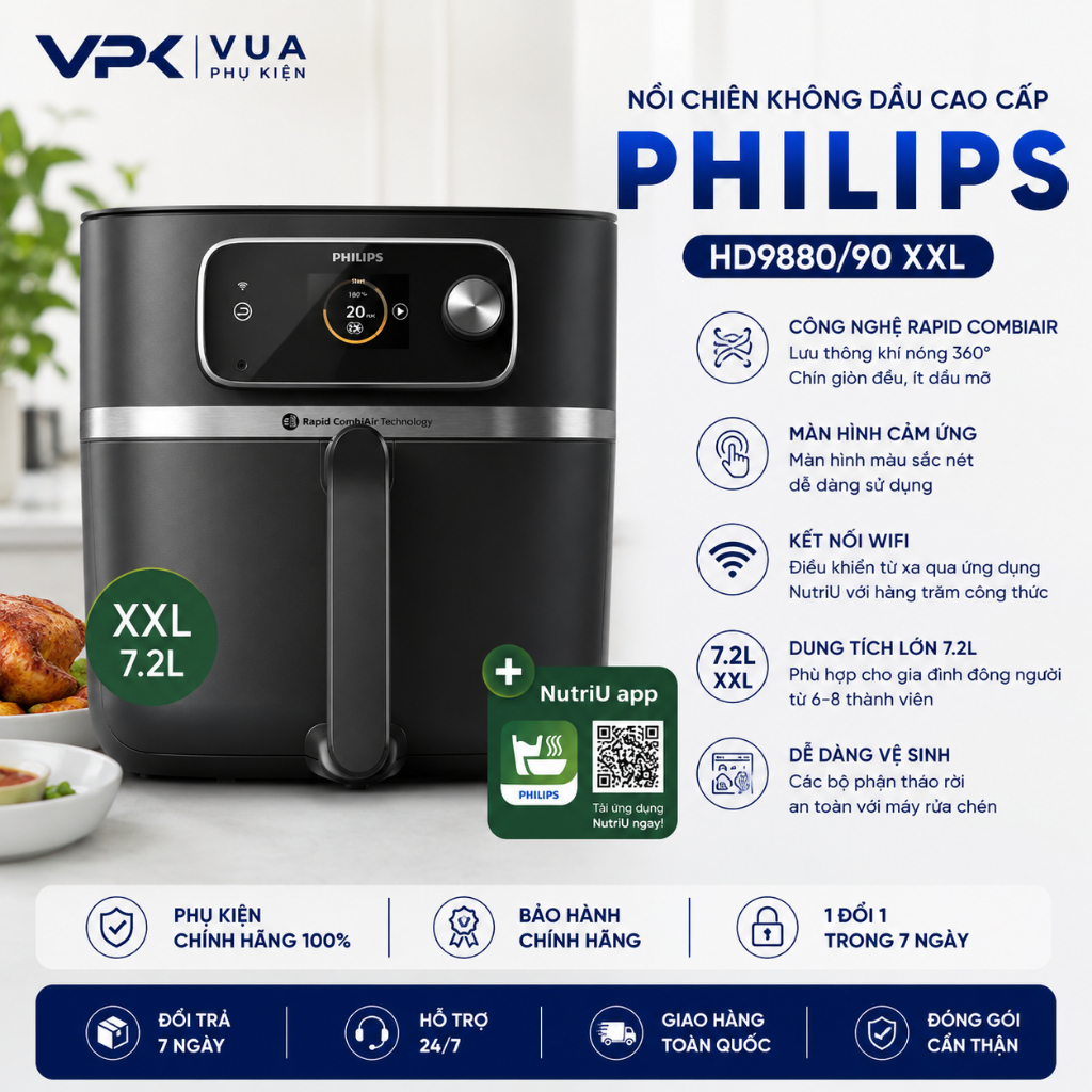 Nồi Chiên Không Dầu cao cấp Philips HD9880/90 XXL Connected 2000W Hàng Chính Hãng