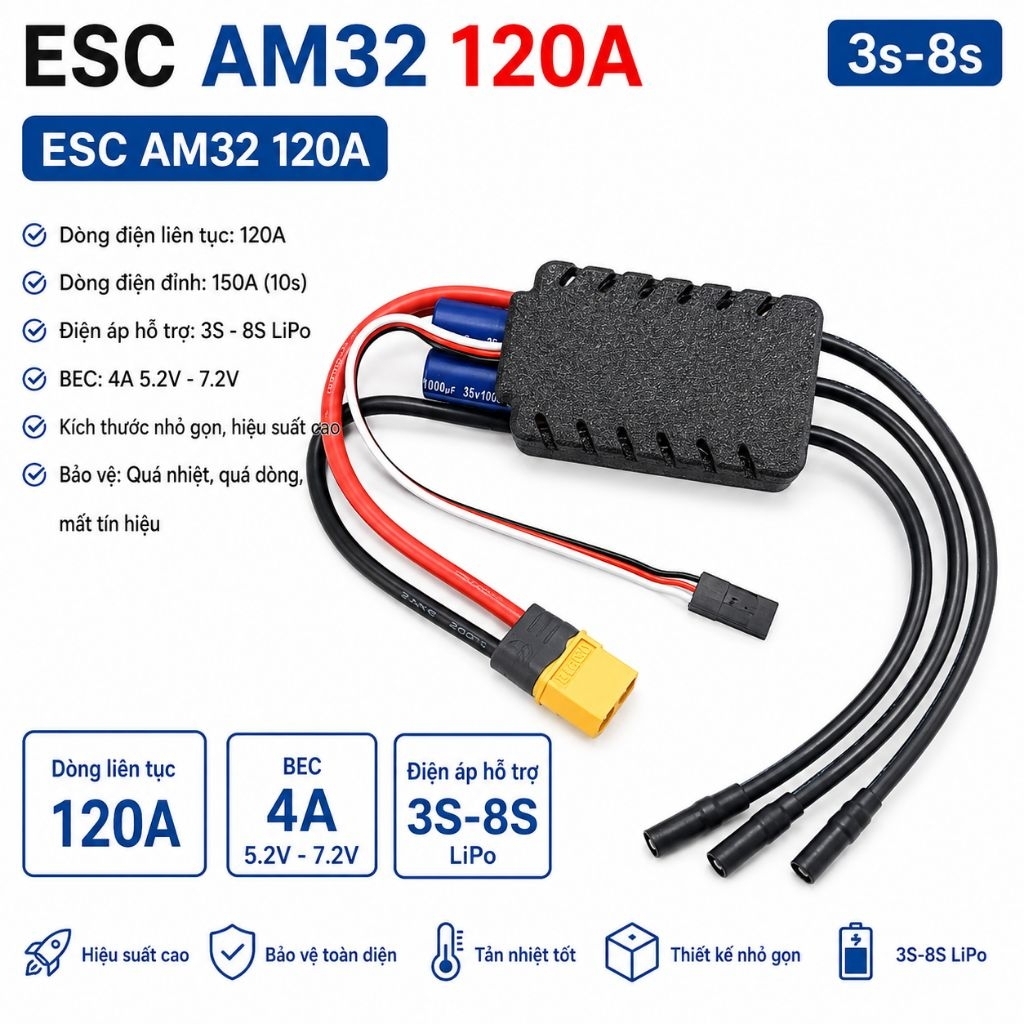 ESC Không Chổi Than AM32 120A 3S–8S tích hợp BEC 4A XT60.