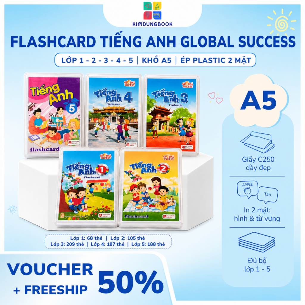 Flashcard tiếng anh lớp 1,2,3 4 5 global success khổ a5 ép plastic