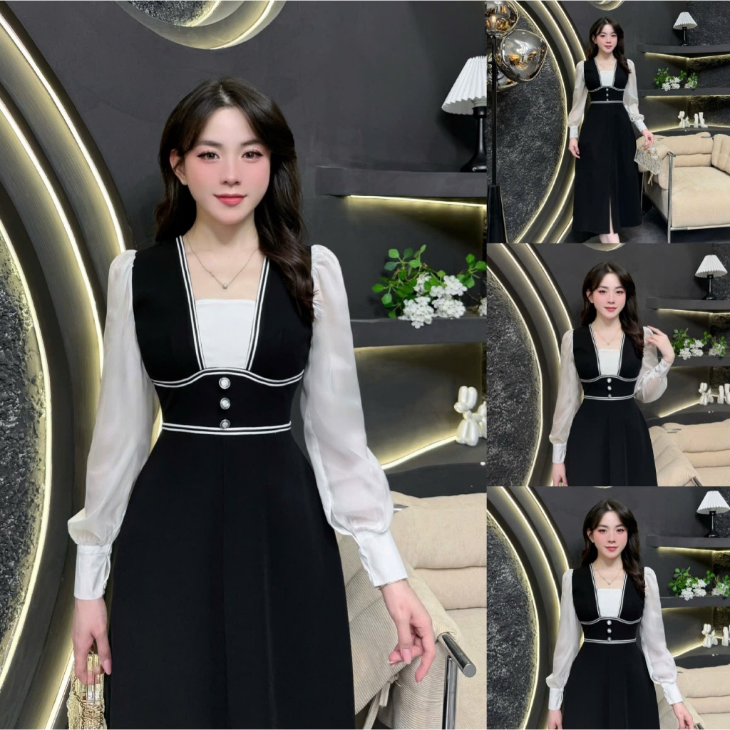 2HS80 - Váy Thiết Kế Eviici dành cho nữ, thiết kế cổ vuông phối tơ, viền tạo điểm nhấn dáng A dài xẻ