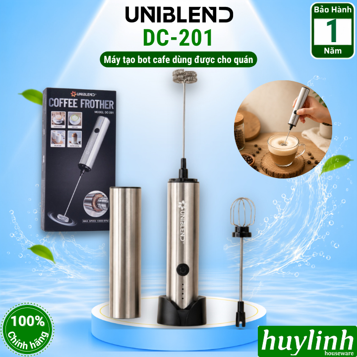 [Bảo hành 1 năm] Máy đánh tạo bọt cà phê dùng pin Uniblend DC-201 - 2 đầu đánh bọt và đánh trứng