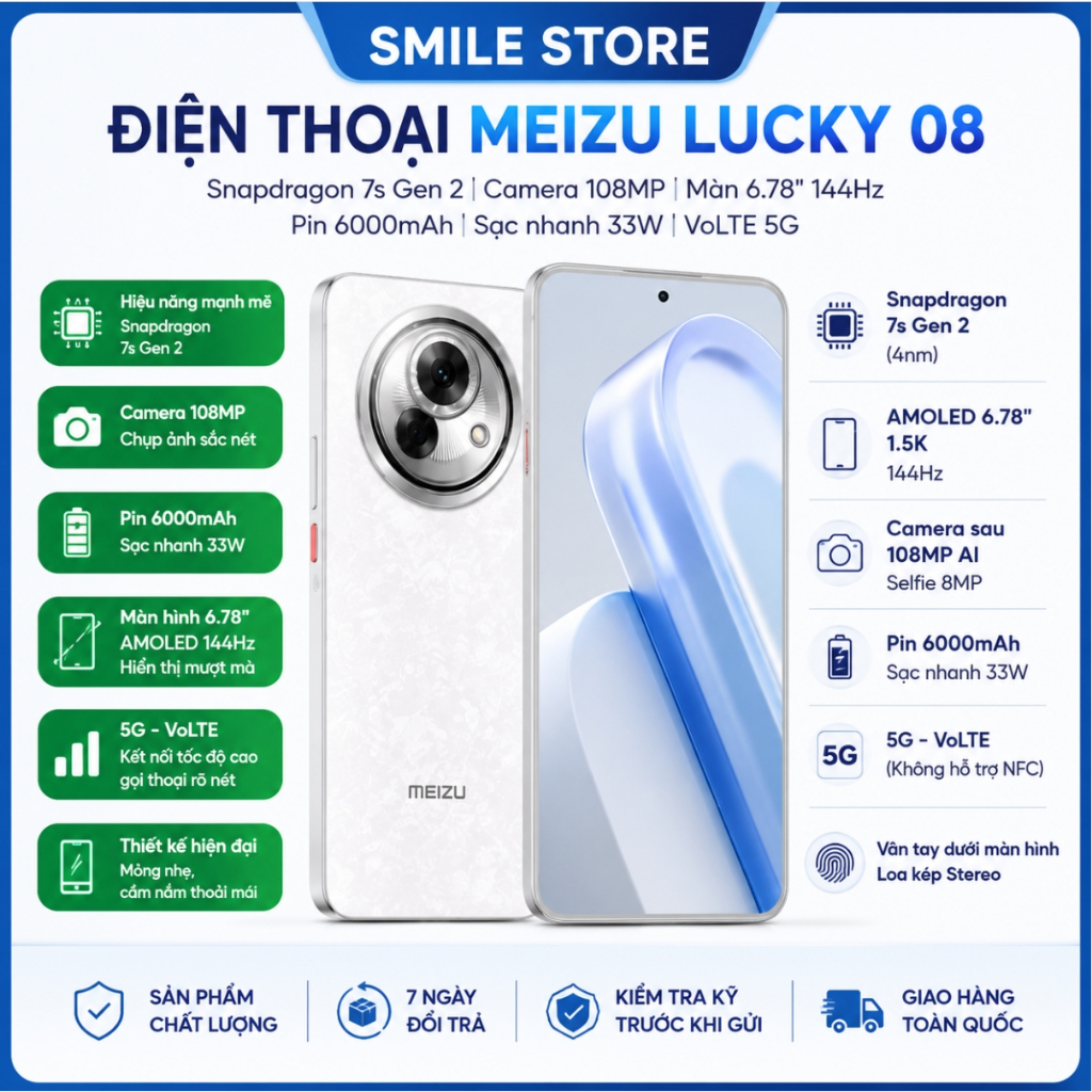 Điện thoại Meizu Lucky 08 12GB/256GB Snapdragon 7s Gen 2 AMOLED 144Hz Pin 6000mAh VoLTE 5G