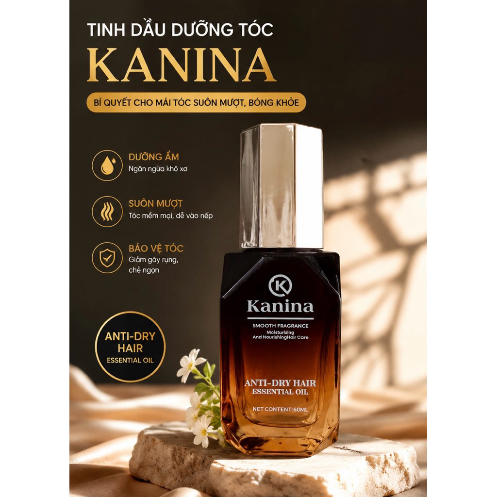 Tinh Dầu Dưỡng Tóc Kanina Anti-Dry Hair Essential Oil 60ml – Phục Hồi Tóc Khô Xơ, Giảm Rối, Bóng Mượ