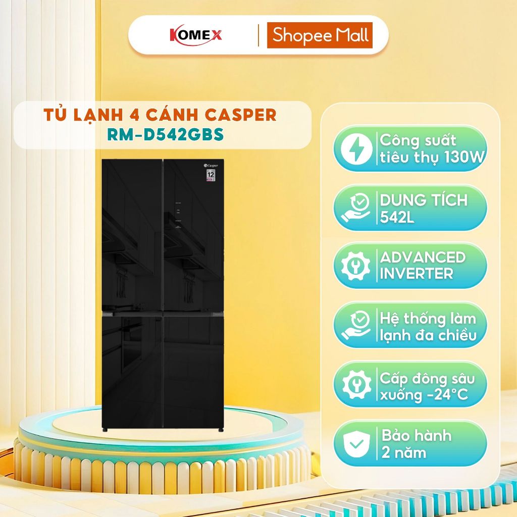 Tủ lạnh Casper 4 cánh 430L, 542L, RM-D430GBS, RM-D542GBS, mặt gương cao cấp, Cấp đông sâu, Cấp đông 