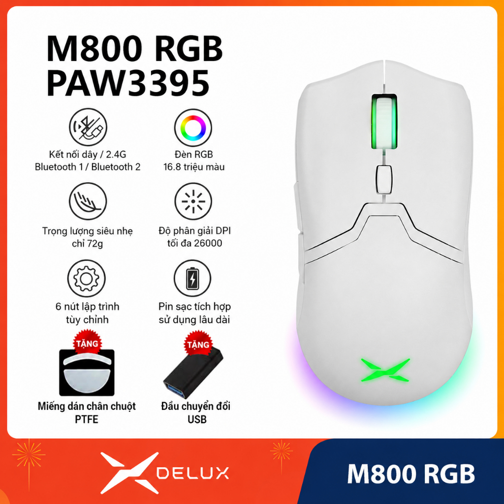 Chuột Gaming Delux M800 RGB Wireless 26000 DPI PAW3395 Siêu Nhẹ 72g – Đa Kết Nối