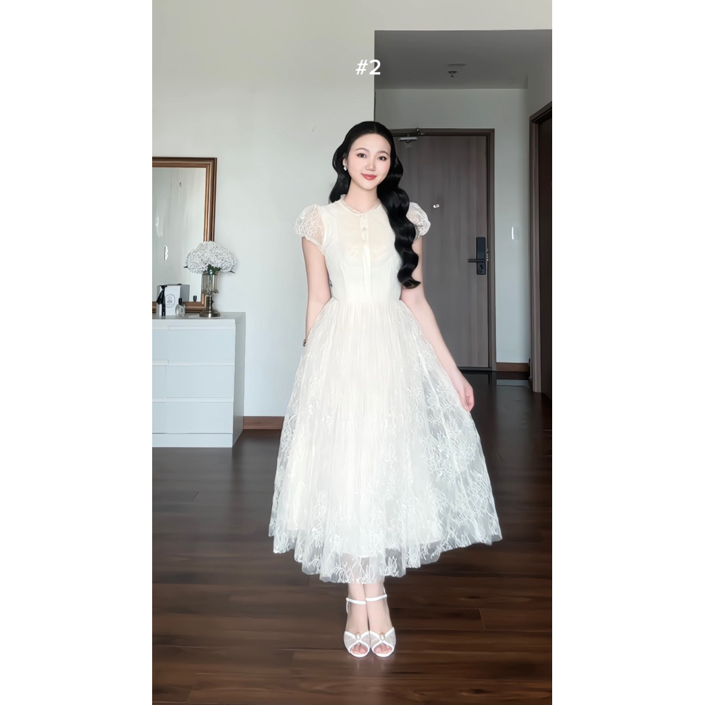 NAN Store - Váy ren thiết kế phối bèo tay hến dáng xoè dài 3 lớp