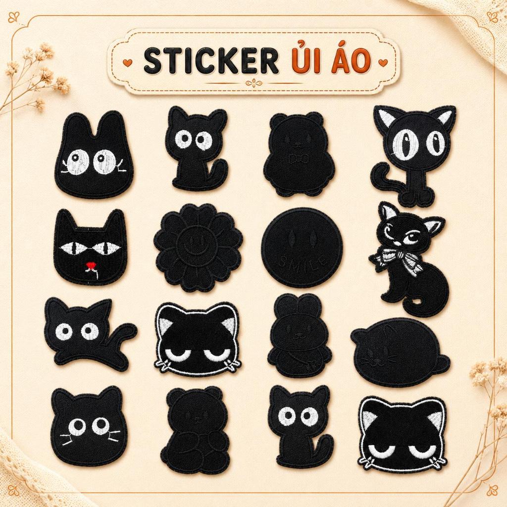 Miếng vá thêu áo rách màu đen, sticker thêu vải, patch ủi Hình Mèo Thỏ Gấu Dễ Thương Black BOO STORE
