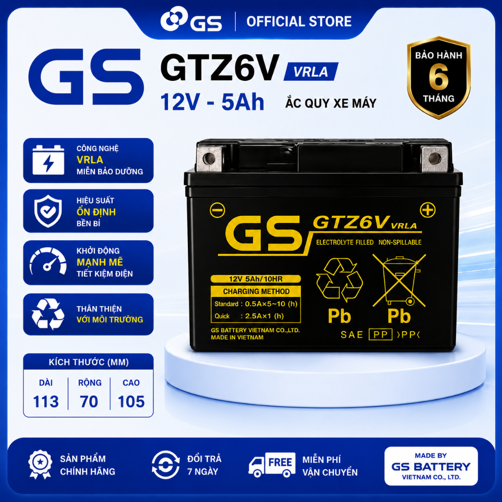 Bình ắc quy 12v khô miễn bảo dưỡng cho xe gắn máy GS GTZ6V (12V-5AH), Hàng Chính Hãng GS