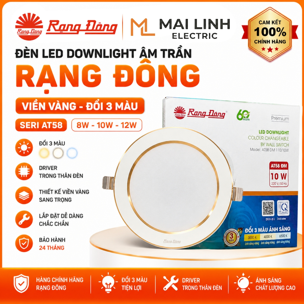 [Chính Hãng] Đèn Led Downlight âm trần (Viền Vàng) Đổi 3 Màu Rạng Đông -Driver Trong Thân Đèn -8W -1