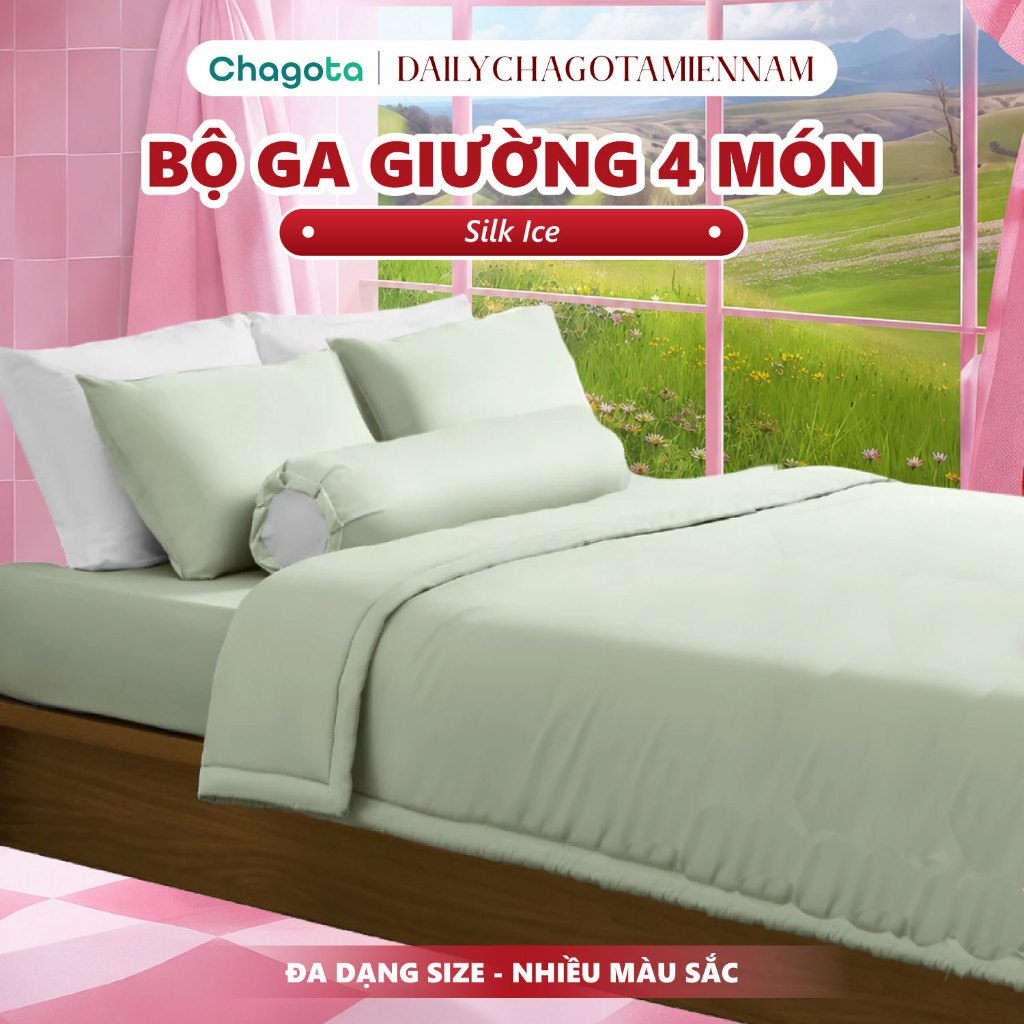 Bộ Chăn Ga Gối Lụa Silk Ice CHAGOTA, Hạ Nhiệt Tức Thì, Kích Thước Đa Dạng 1mx2m Đến 2mx2m2