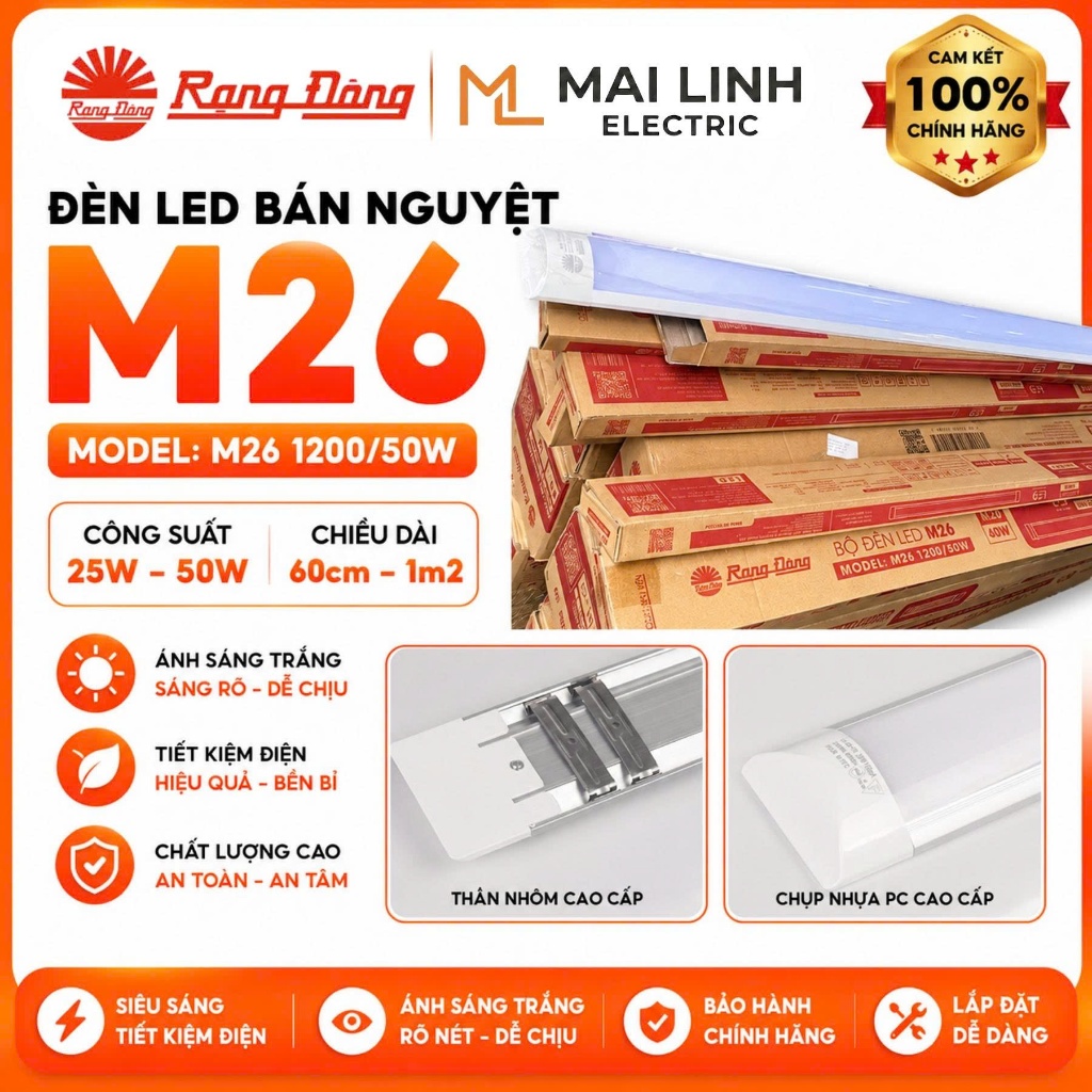 [Chính Hãng] Đèn Led bán nguyệt M26 25W 50W 1m2 và 60cm Rạng Đông -Ánh sáng trắng - Model: M26 1200/