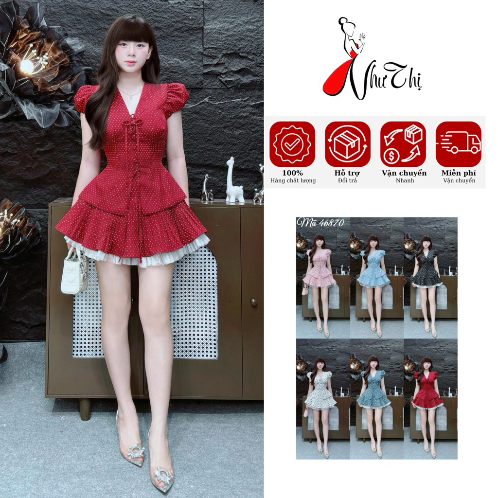 C127 Sét áo cổ V tay búp + chân váy xếp ly viền voan