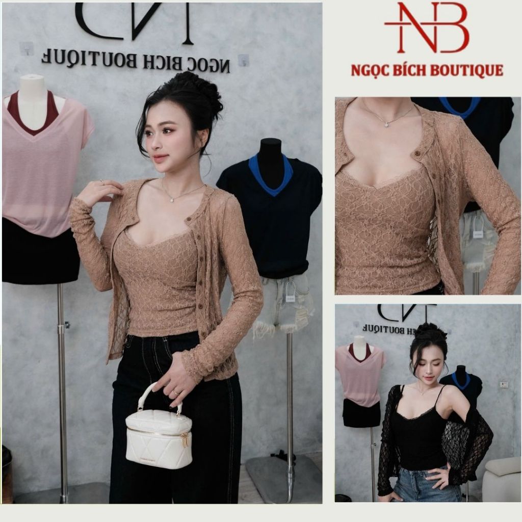 Set Áo Ren Hoa 2 Món Kèm Áo Trong, Áo Khoác Ngoài Cardigan Nữ 3 Lớp Chất Liệu Mềm Mại  Dễ Mix Đồ NB 