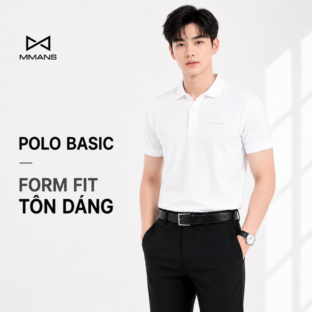 Áo polo nam MMANS màu trắng gạo basic tinh tế sang trọng chất vải cotton poly cao cấp co giãn