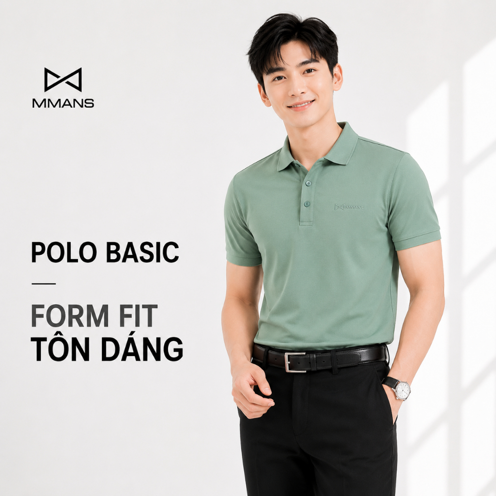 Áo polo nam MMANS màu xanh vỏ đậu basic tinh tế sang trọng chất vải cotton poly cao cấp co giãn