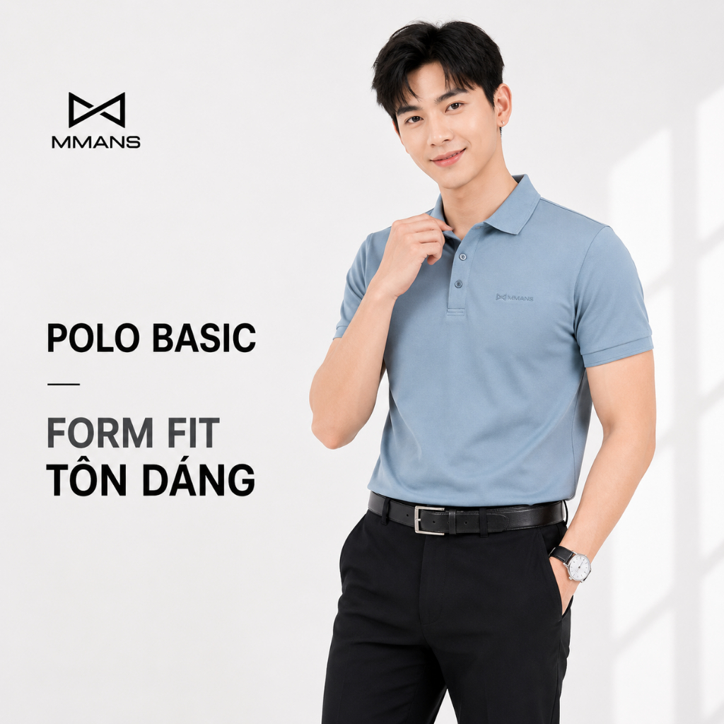 Áo polo nam MMANS màu xám nhạt basic tinh tế sang trọng chất vải cotton poly cao cấp co giãn