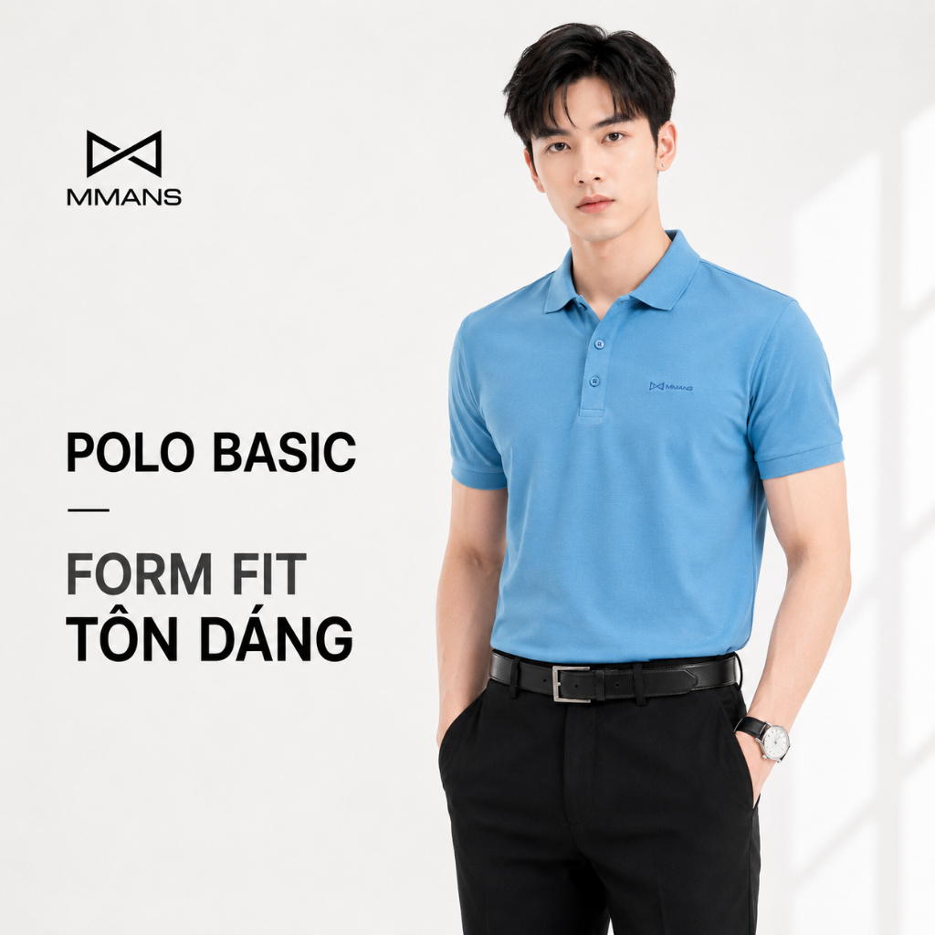 Áo polo nam MMANS màu xanh da trời basic tinh tế sang trọng chất vải cotton poly cao cấp co giãn
