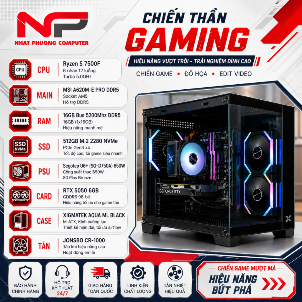 Bộ PC NPC-03 Gaming ( R5-7500F | 16GB DDR5 | RTX 5050 8GB | SSD 512GB)