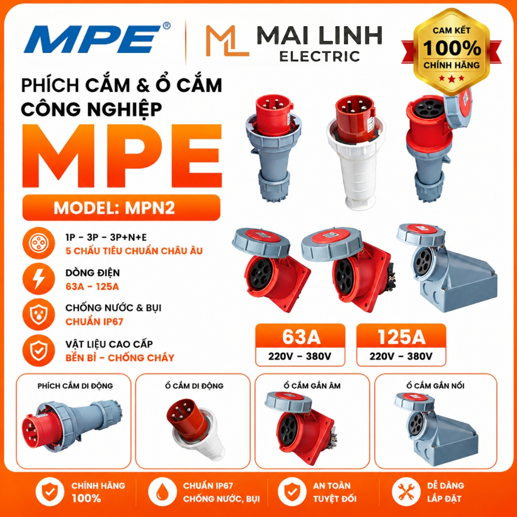 [Chính Hãng] Phích Cắm Và Ổ Cắm Công Nghiệp MPE 1P 3P -5 Chấu 63A 125A 3P+N+E IP67 Tiêu Chuẩn Chấu Â