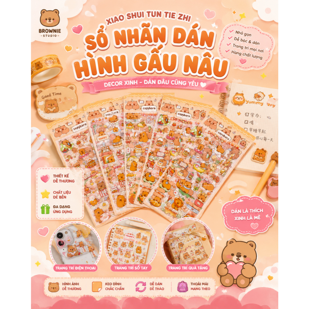 Set 6 Tấm Sticker Capybara – Sticker Dán Trang Trí DIY Dễ Thương