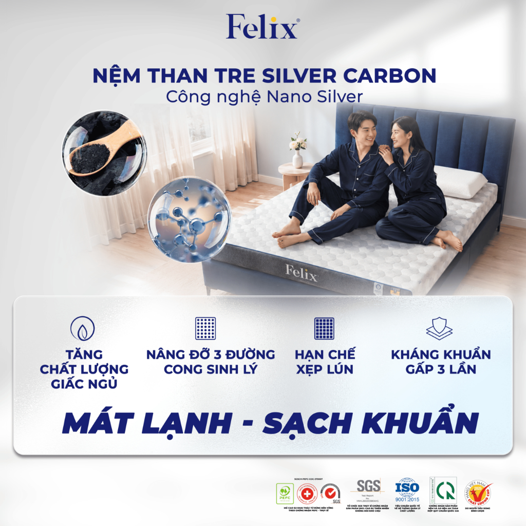 Nệm cao su than tre Nano Silver Felix Premium Silver Carbon kháng khuẩn [GIAO TẬN CỬA]