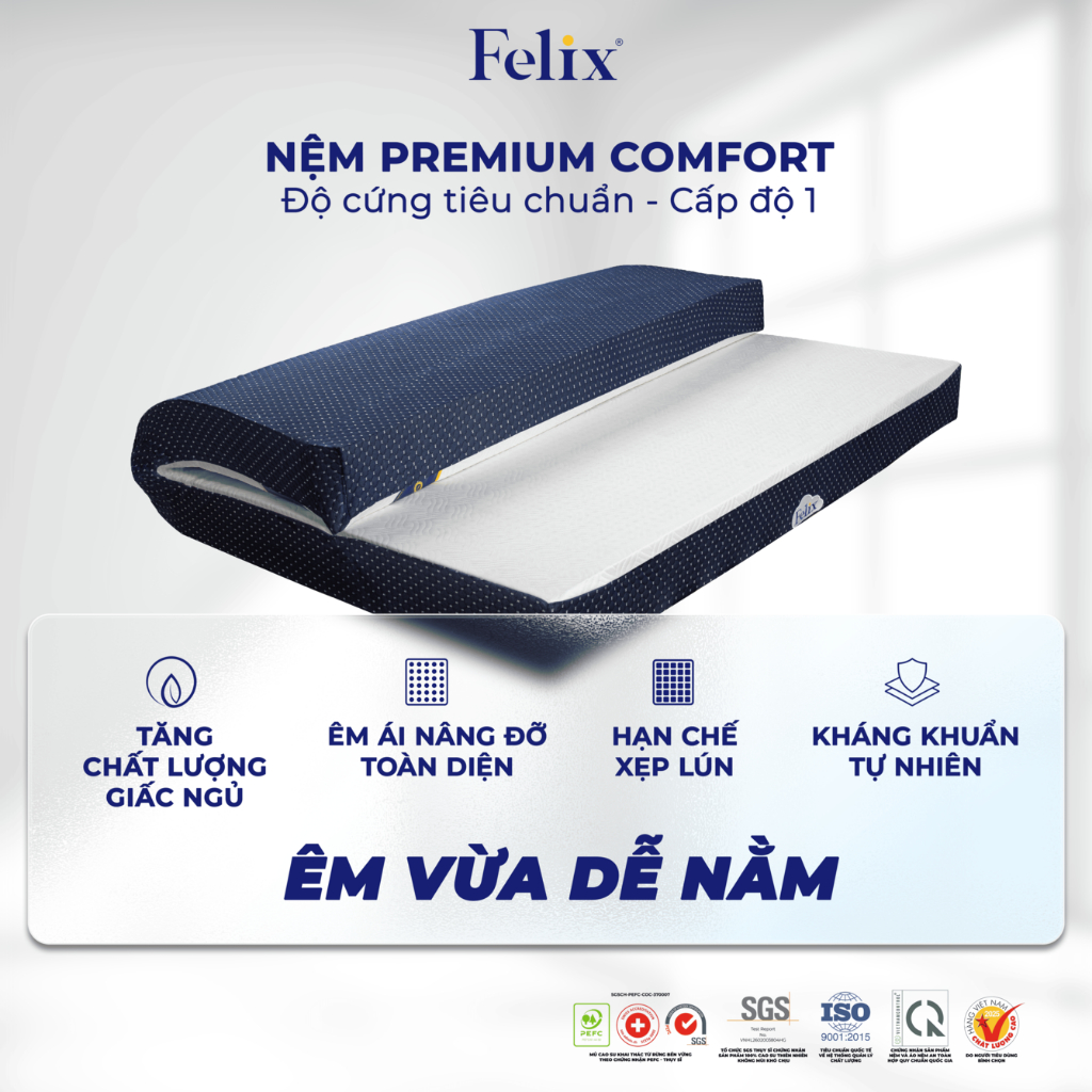 Nệm cao su thiên nhiên Felix Premium Comfort thoáng khí độ cứng tiêu chuẩn [GIAO TẬN CỬA].