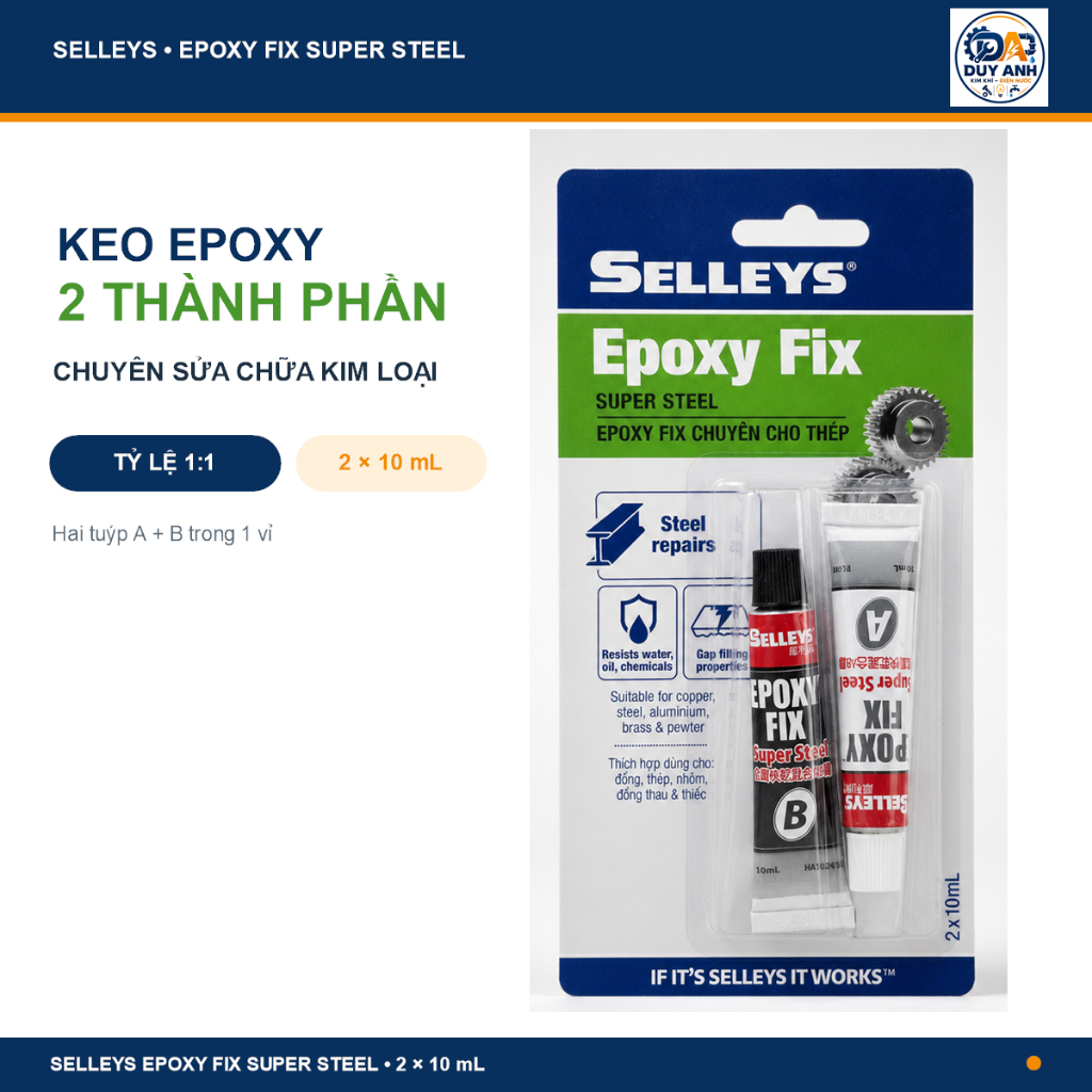 Keo epoxy 2 thành phần Selleys Epoxy Fix Super Steel 2 x 10 mL, keo AB sửa chữa kim loại