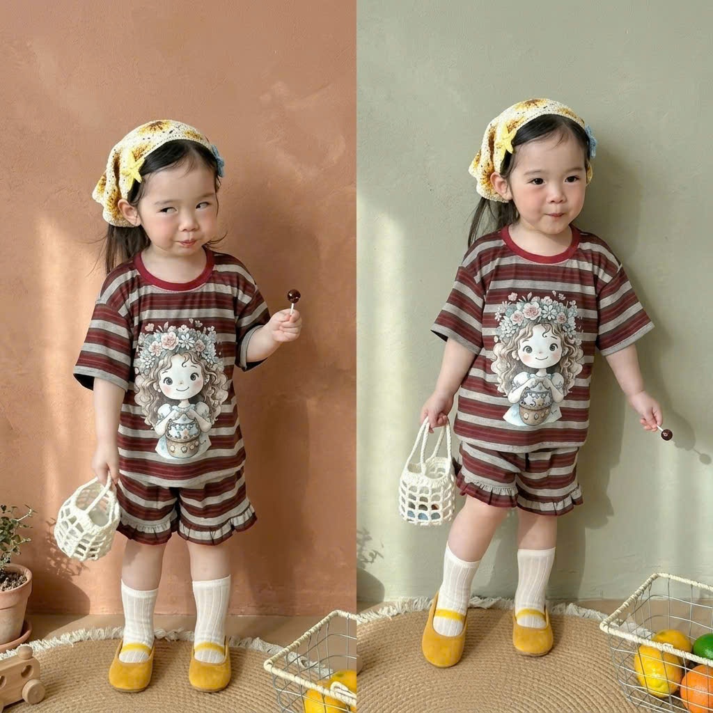 Set đồ bé gái Quảng Châu, Đồ bộ bé gái, áo cộc tay cotton kẻ sọc mix quần short thể thao10-35kg Luna