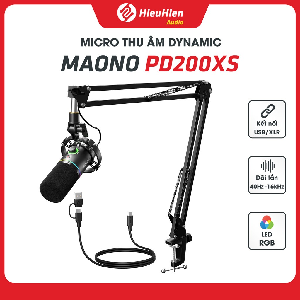 Micro Maono PD200XS USB/XLR Dynamic Chính Hãng, Kèm Boom Arm, RGB, Livestream, Podcast, BH 12 Tháng