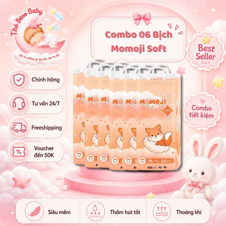 Combo 6 bịch bỉm Momoji chính hãng – Siêu thấm, mềm êm, thoáng mát
