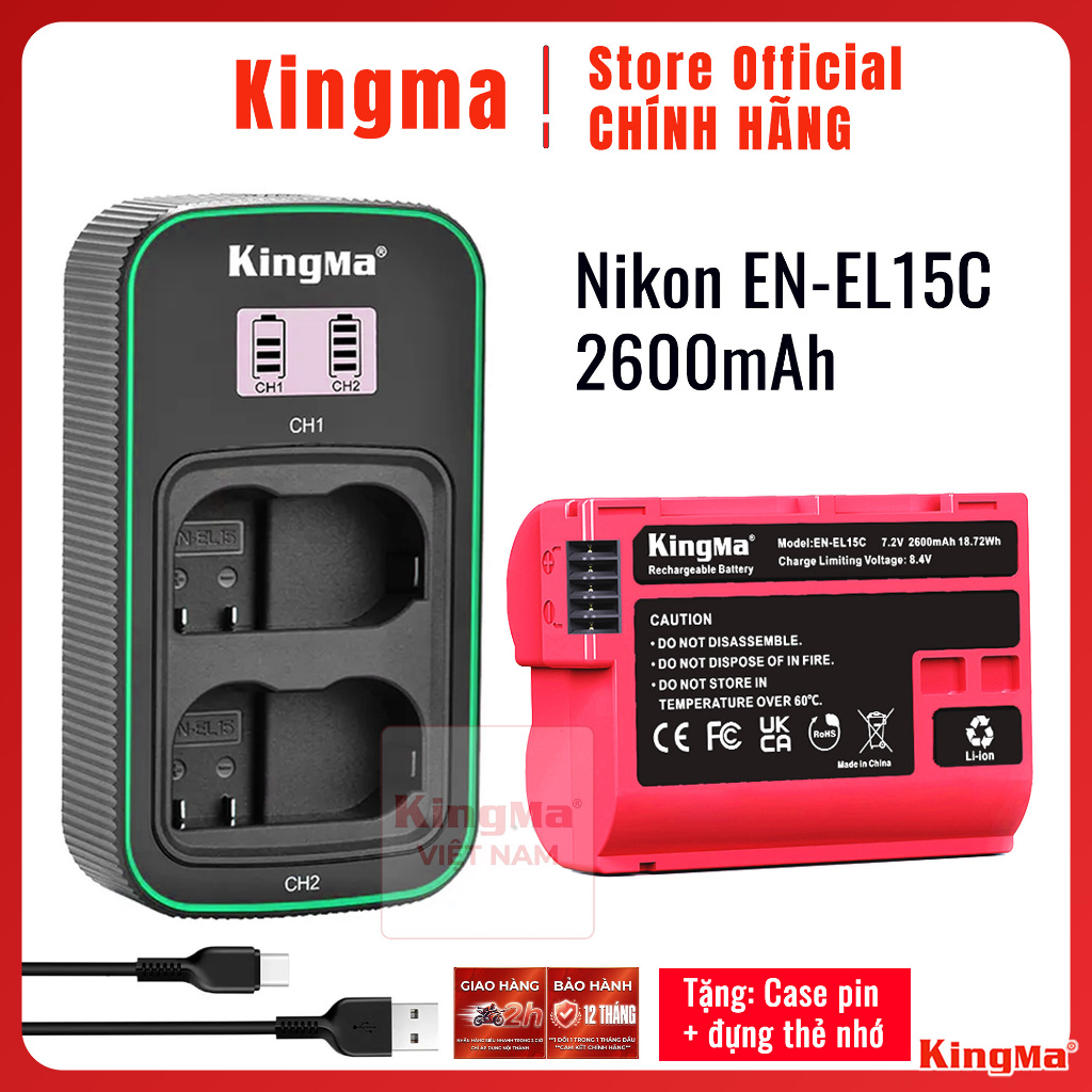 Kingma EN-EL15C 2600mAh | Pin và sạc máy ảnh Nikon ZR Z63 Z52 Zf Z8 Z5 Z6 Z7 Z6iii V1 D500 D600 D800