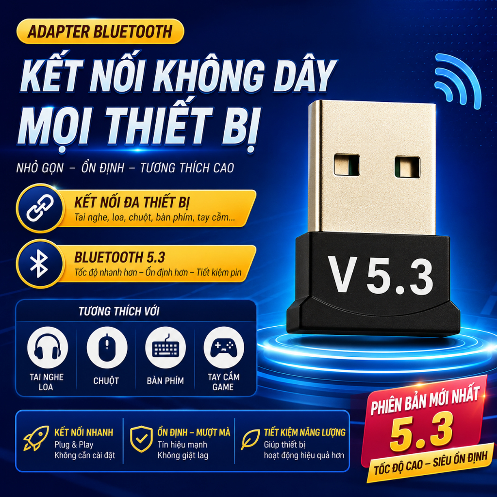 Bộ Chuyển Đổi USB Bluetooth 5.3 Dongle cho máy tính xách tay, máy tính, bộ thu phát không dây, bộ ch